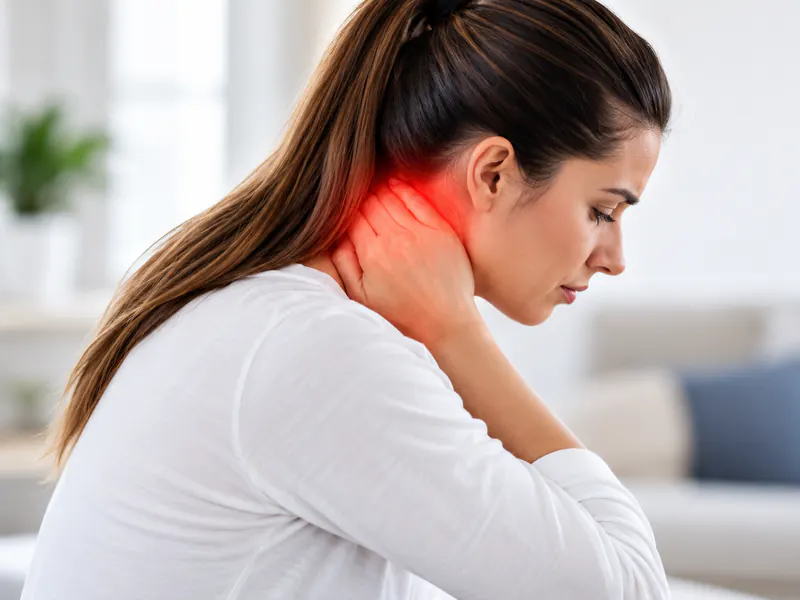 Mulher com a mão no pescoço, com a dor cervical destacada em vermelho