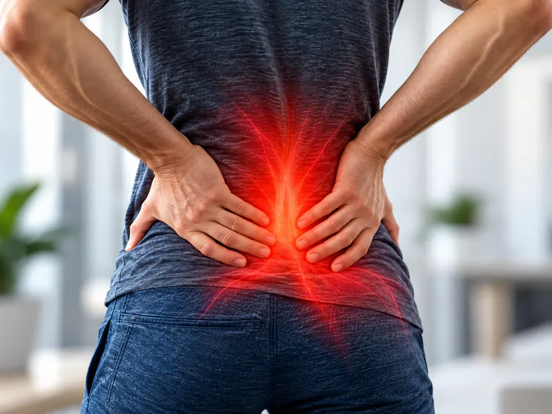Pessoa com as mãos na região lombar, com o ponto de dor destacado em vermelho