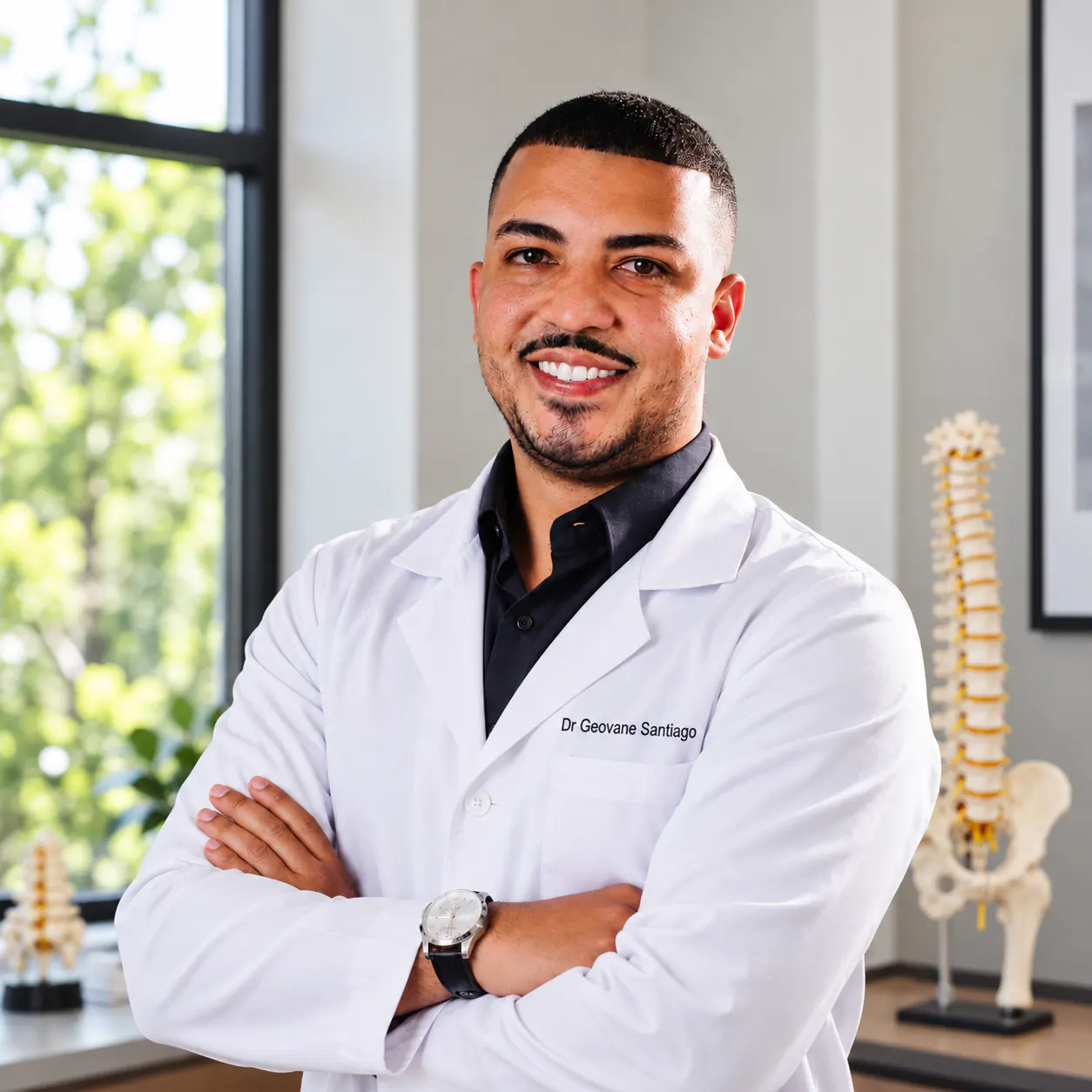 Dr. Geovane Santiago de jaleco branco, braços cruzados, no consultório com um modelo de coluna vertebral ao fundo